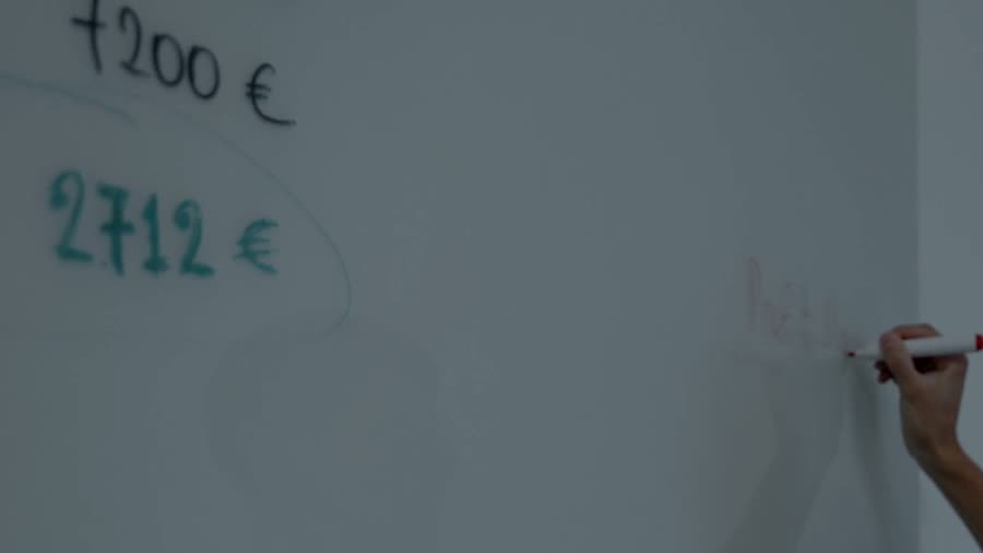 Zahlen an einem Whiteboard, eine Hand mit Stift am Rand